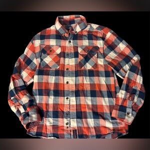 Catchin’ Deers Flannel in orange, navy and cream plaid pattern